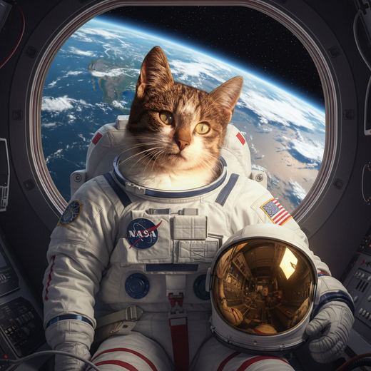 A tabby cat in a white spacesuit with Earth behind.