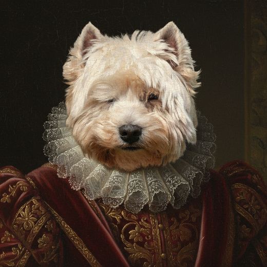 A West Highland terrier as a Renaissance noble in red velvet.