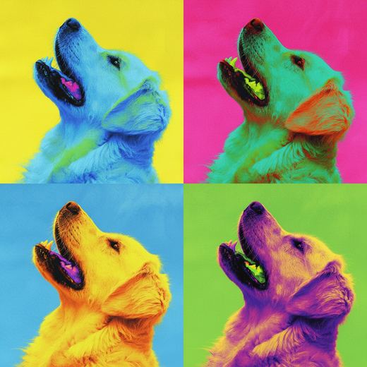 A four-panel Warhol-style pop art print of the retriever.