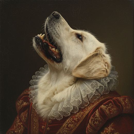 The retriever as a Renaissance noble in red velvet and a lace ruff.