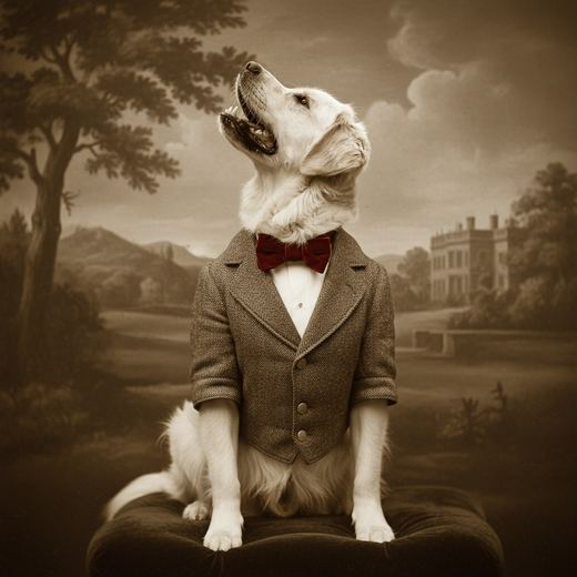The retriever in a tweed jacket and bow tie in a sepia Victorian studio portrait.